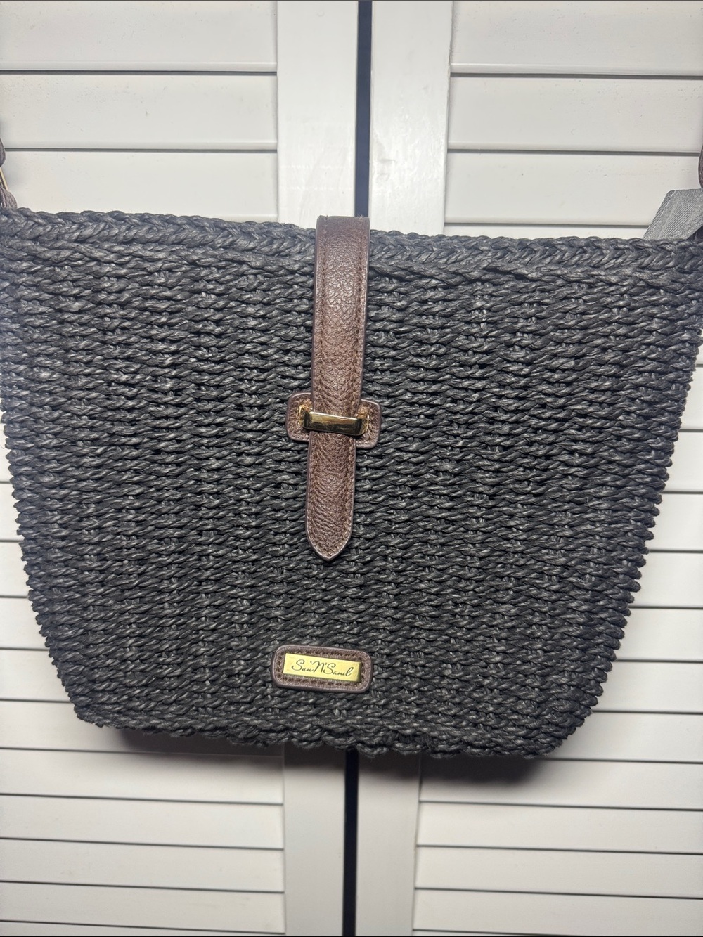 Sun and Sand Woven Crossbody Bag in Black with Brown Trim
